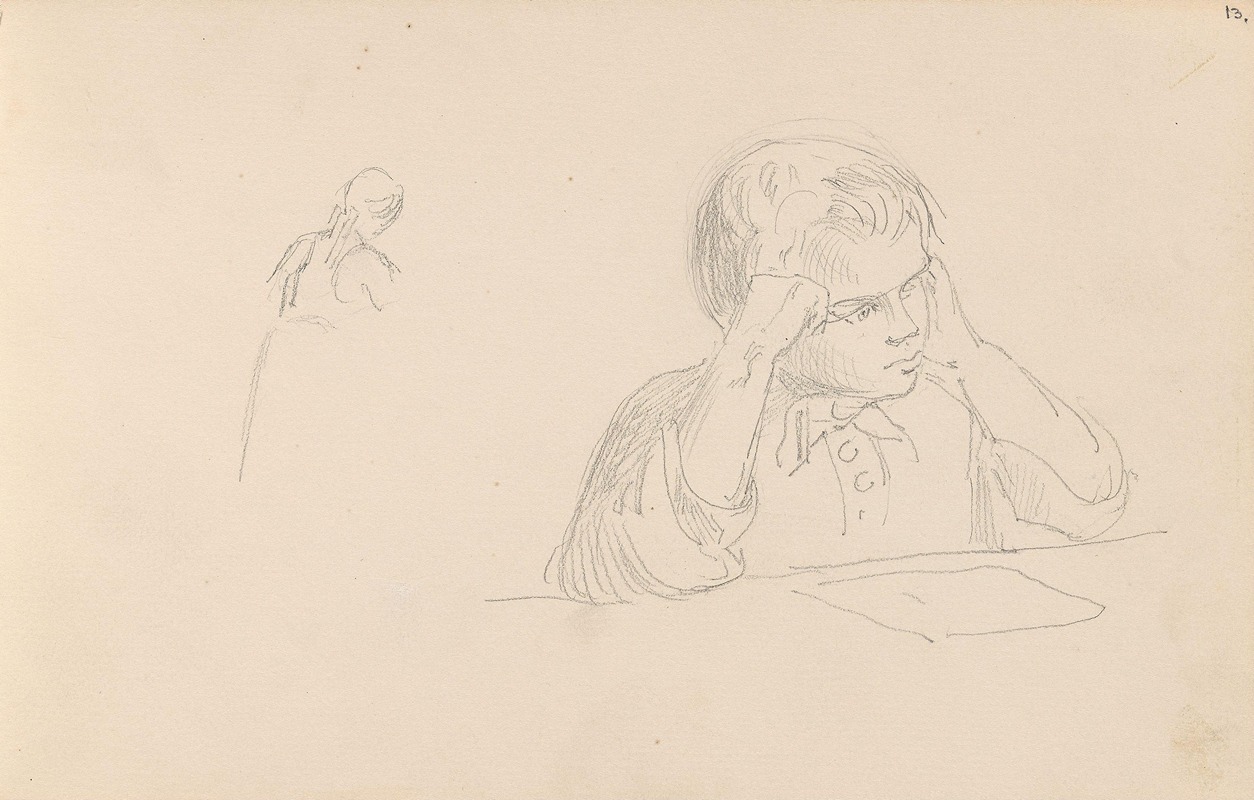 Adolph Tidemand - Riss av kvinnefigur; lesende gutt