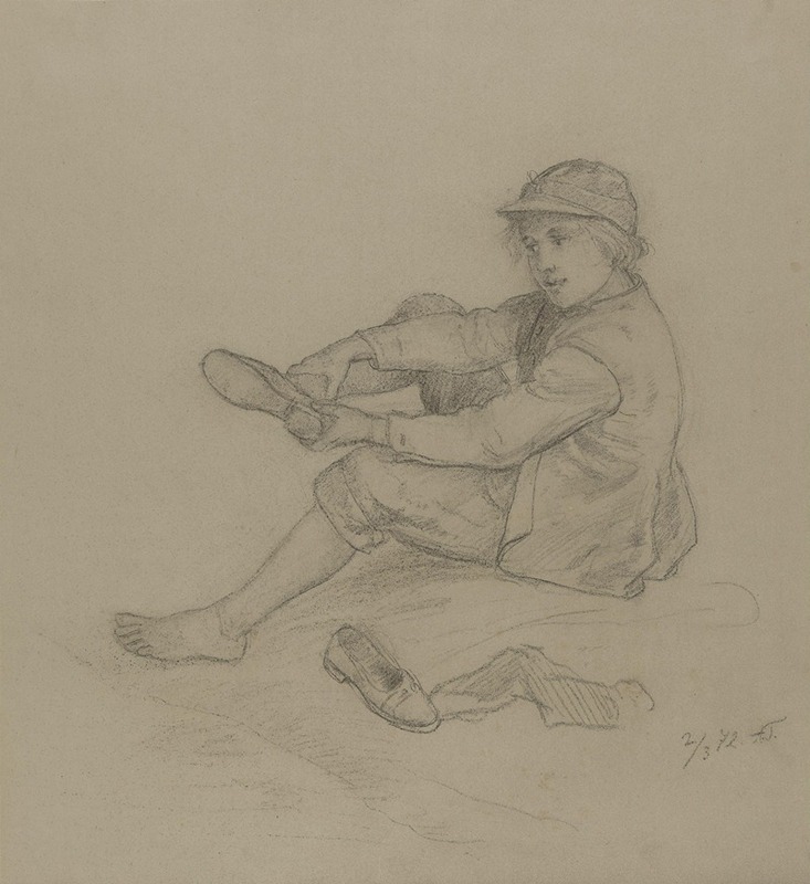 Adolph Tidemand - Sittende gutt som tar av seg skoen