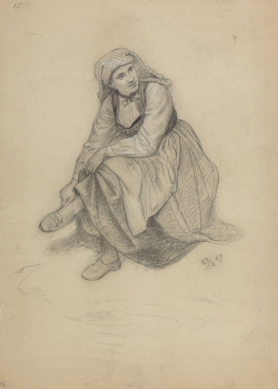 Adolph Tidemand - Sittende kvinne som tar av seg skoen