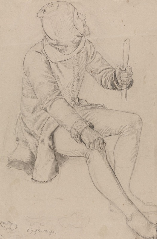 Adolph Tidemand - Sitting man with hood and staff