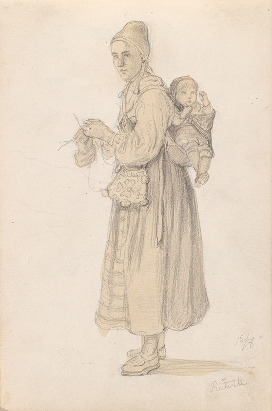 Adolph Tidemand - Strikkende kvinne med barn på ryggen, Rättvik