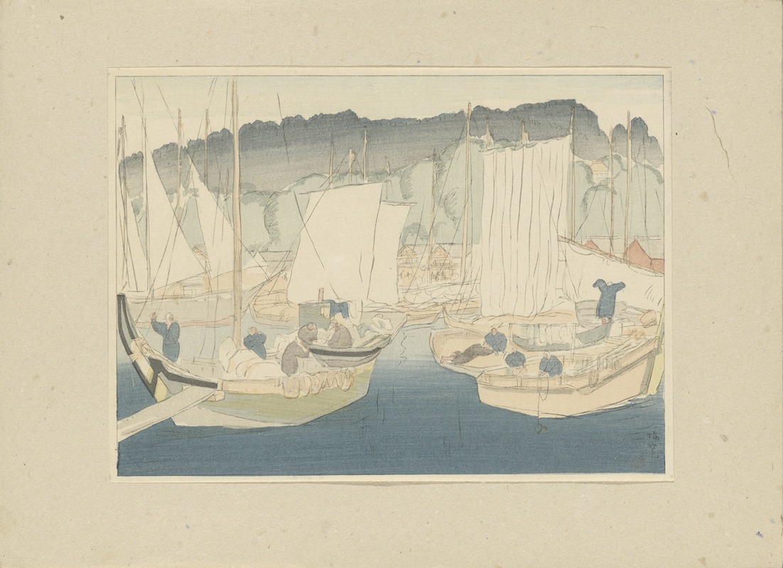 Morita Tsunetomo - Boats in the harbor of Shiogama