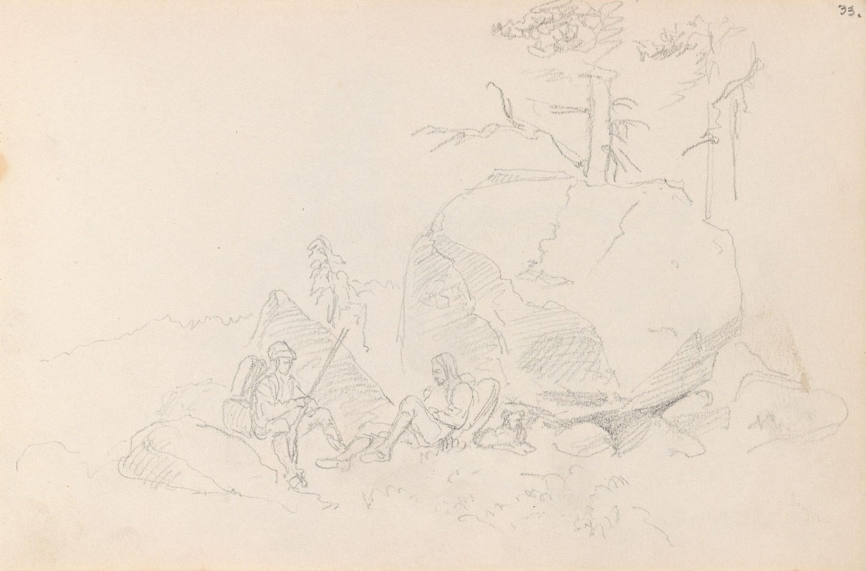 Adolph Tidemand - To mannsfigurer som raster ved en klippe
