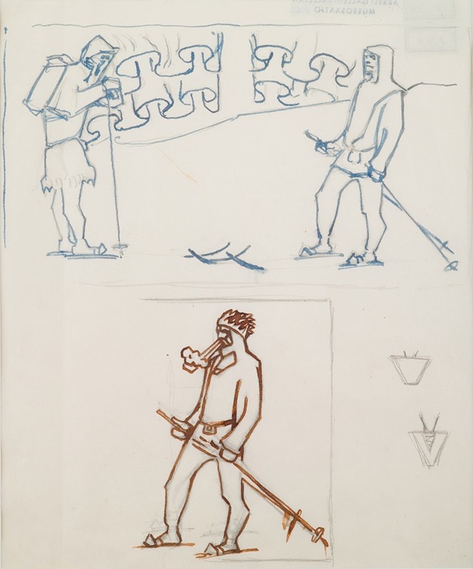 Akseli Gallen-Kallela - The Great Kalevala, sketch for page 1, skiers meet.