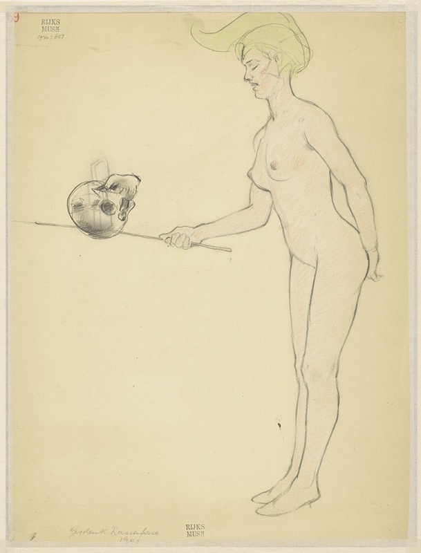 Armand Rassenfosse - Standing naked woman with a stick and a skull