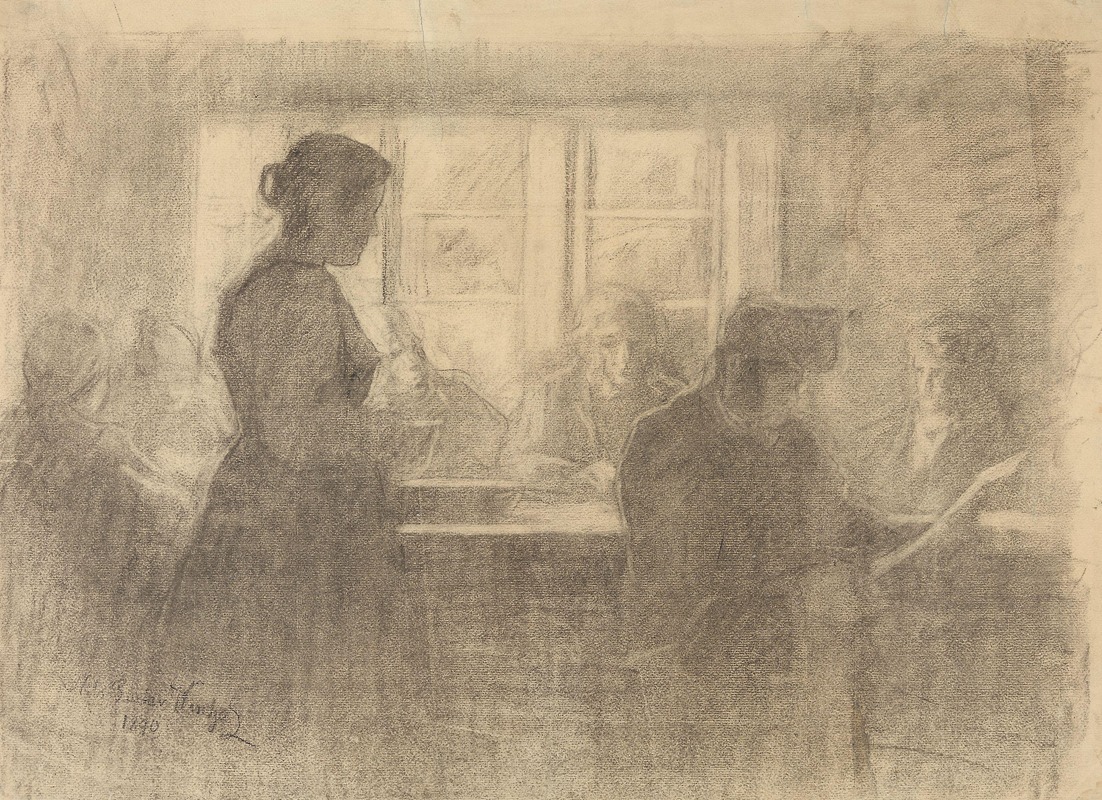 Gustav Wentzel - An interior with figures around a table