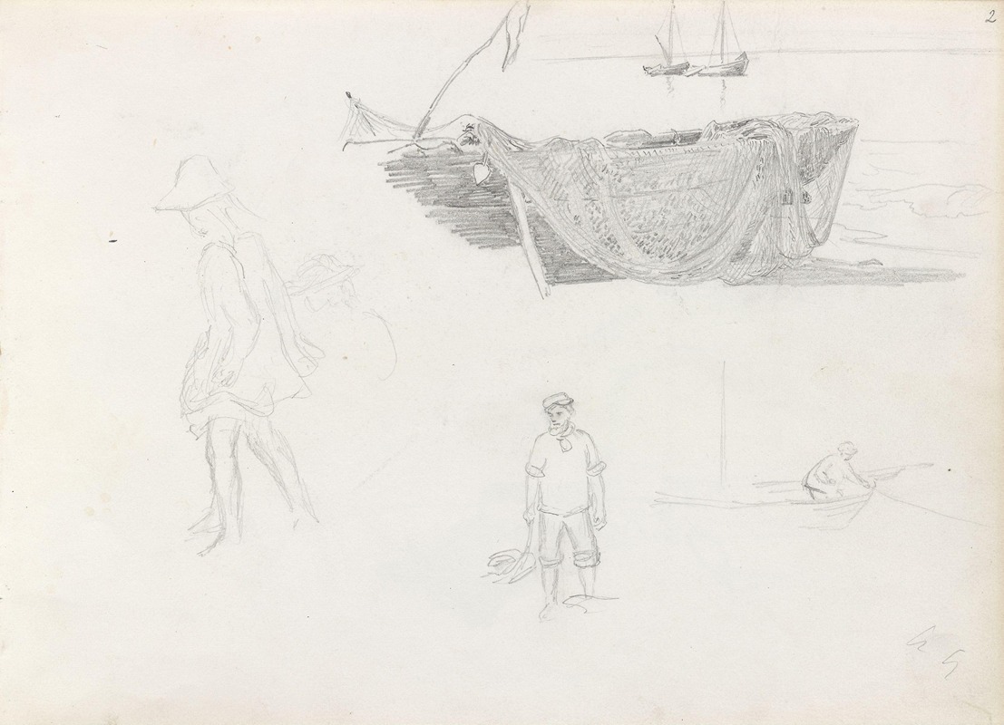 Hans Gude - Boat with fishing nets; figure studies