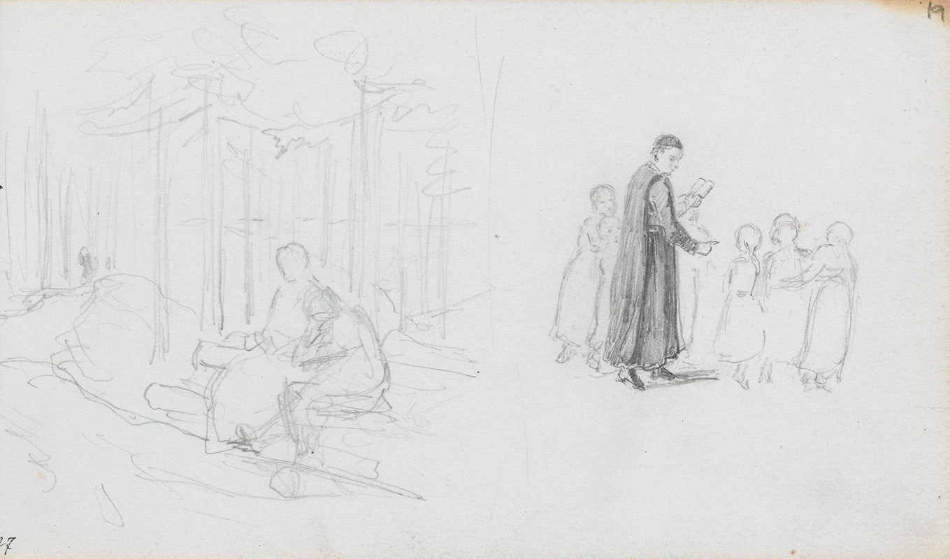 Hans Gude - Forest interior with figures; children listening to the preacher