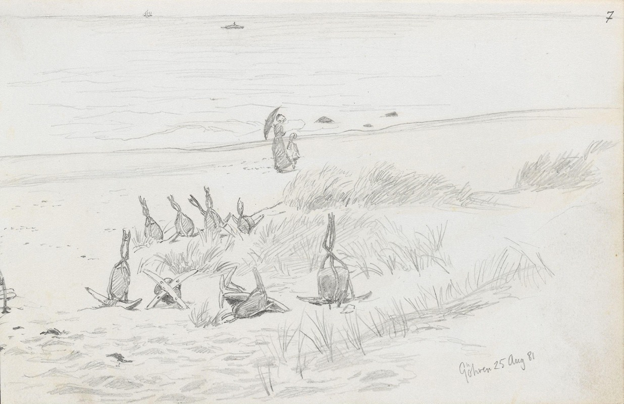 Hans Gude - Kvinne med barn og ankere på stranden, Göhren