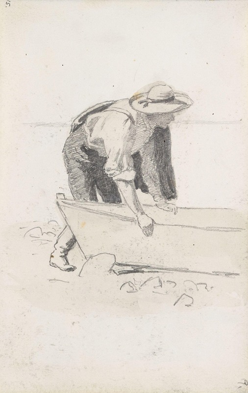Hans Gude - Male figure and boat on the beach