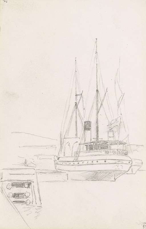 Hans Gude - Steamship in port