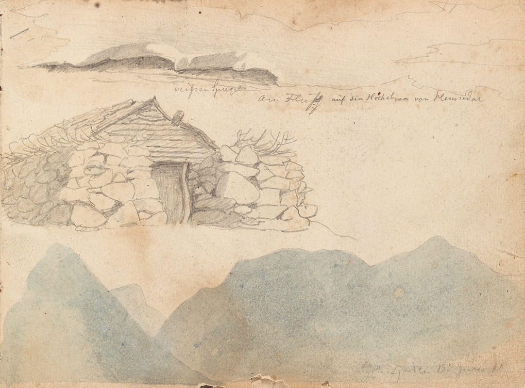 Hans Gude - Utsikt mot Hemsedalsfjellene; steinhytte; fra Lustrafjorden