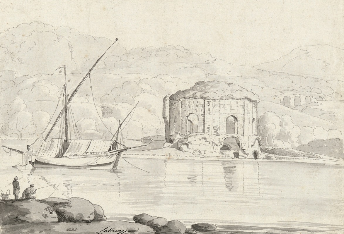 Carlo Labruzzi - The so-called Temple of Venus at Baiae, with a boat and two fishermen in the foreground