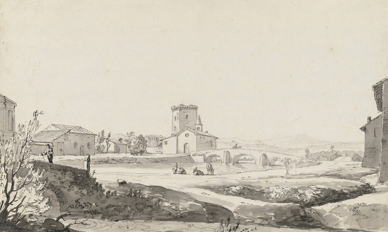 Carlo Labruzzi - A village on a river with a three-arched bridge beside a small church and a fortified building beyond