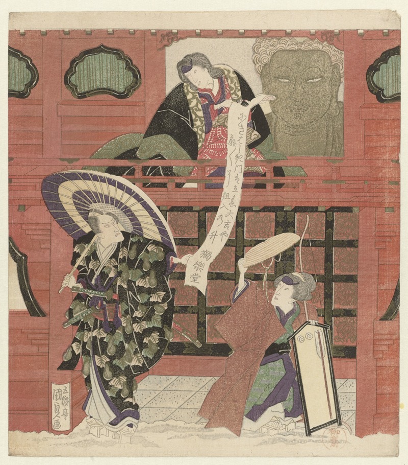 Utagawa Kunisada (Toyokuni III) - Three actors at a temple gate