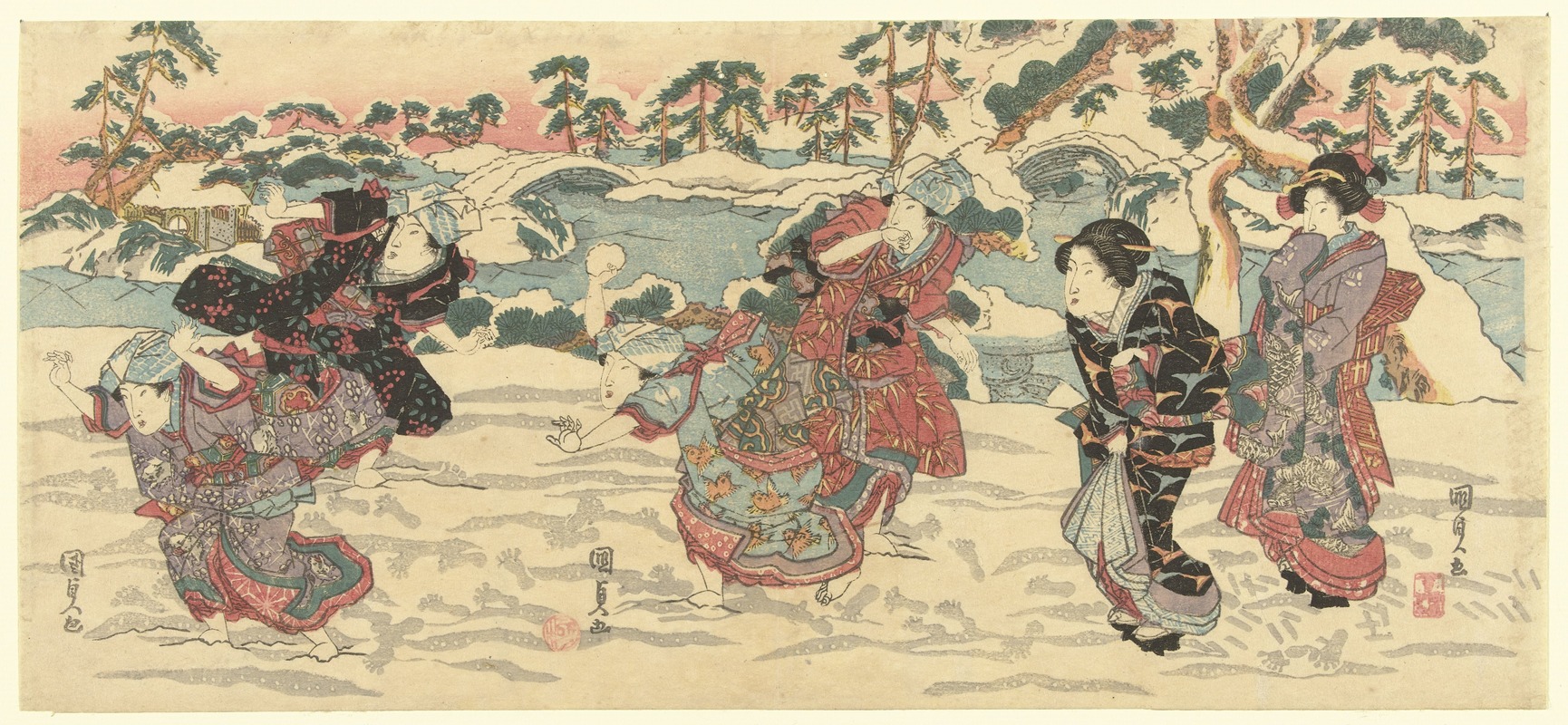 Utagawa Kunisada (Toyokuni III) - Throwing snowballs