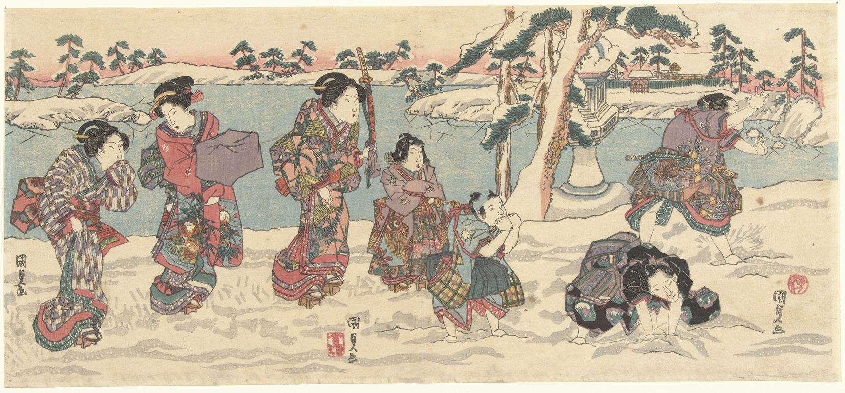 Utagawa Kunisada (Toyokuni III) - Throwing snowballs