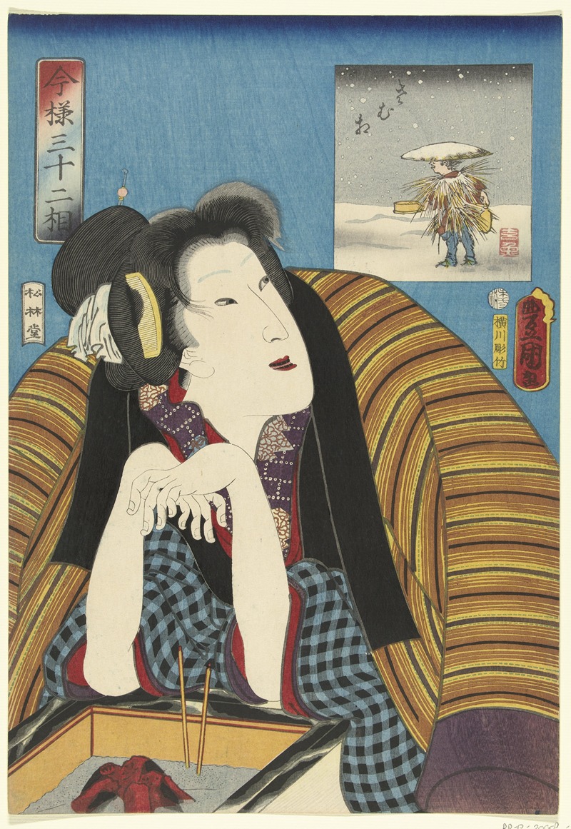 Utagawa Kunisada (Toyokuni III) - Woman warming her hands at a hibachi