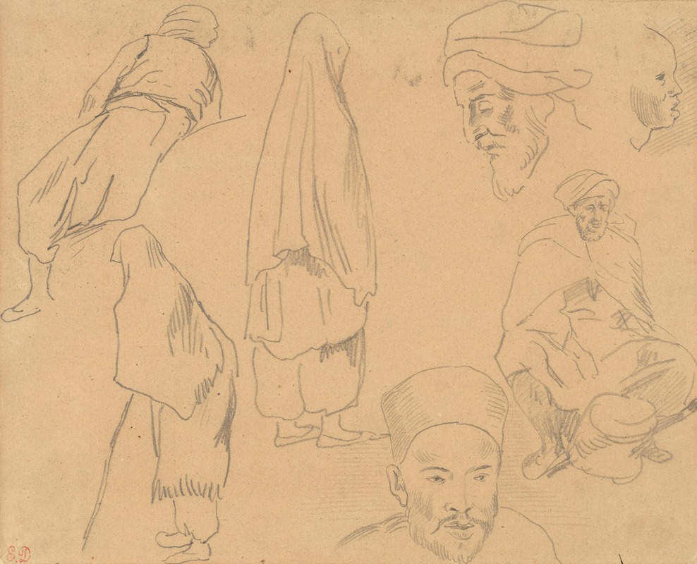 Eugène Delacroix - Four figure studies of Bedouins and three of head studies