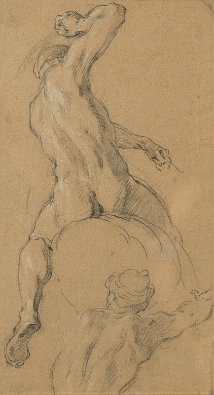 François Lemoyne - Study of a nude horseman seen from behind, his right arm raised, with a study of another man