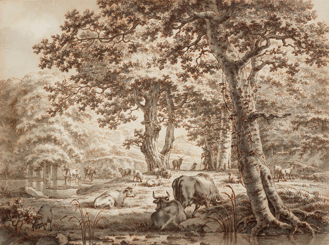 Jacob Cats - Landscape with cows under a tree