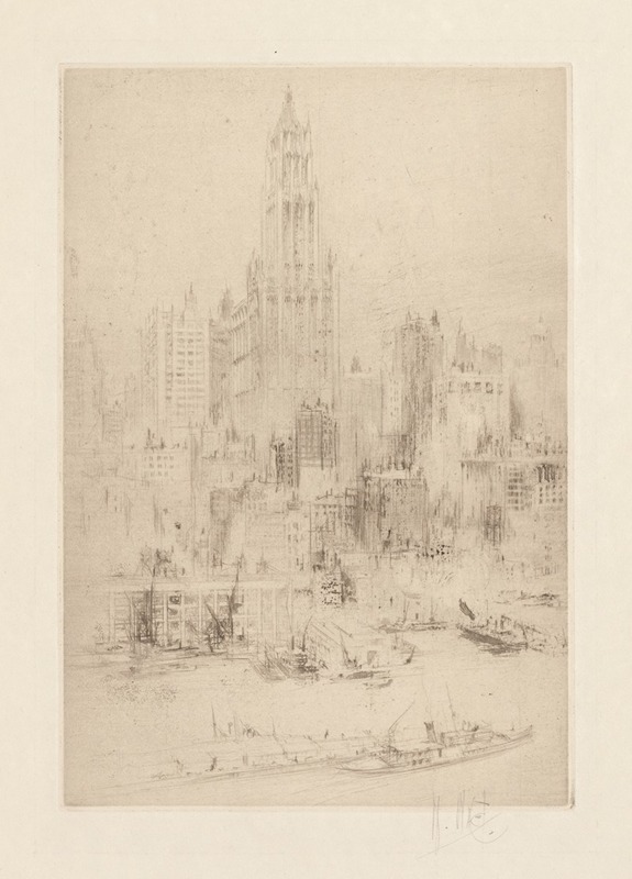 William Walcot - Downtown Manhattan from the East River, with the Woolworth Building