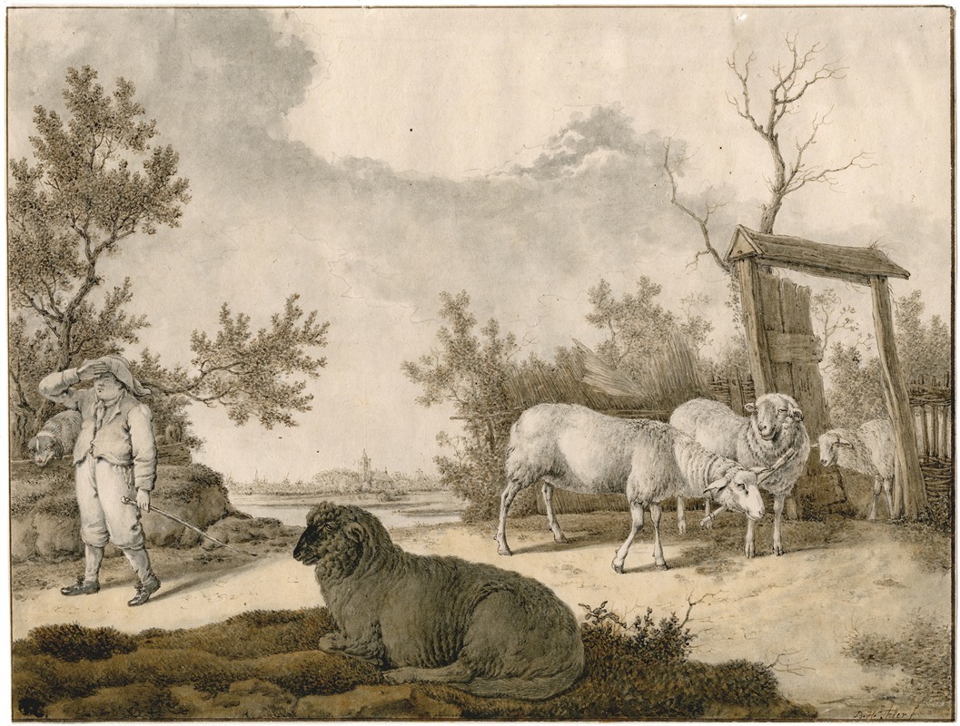 Barend Hendrik Thier - Herder met schapen bij omheining