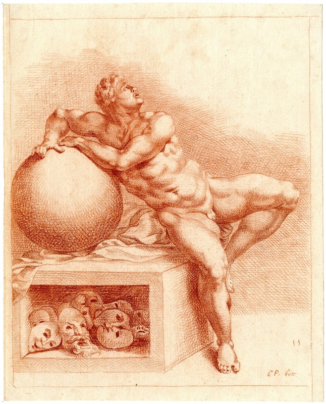 Cornelis Pronk - Tekening van zittende man met bol en maskers, de Droom