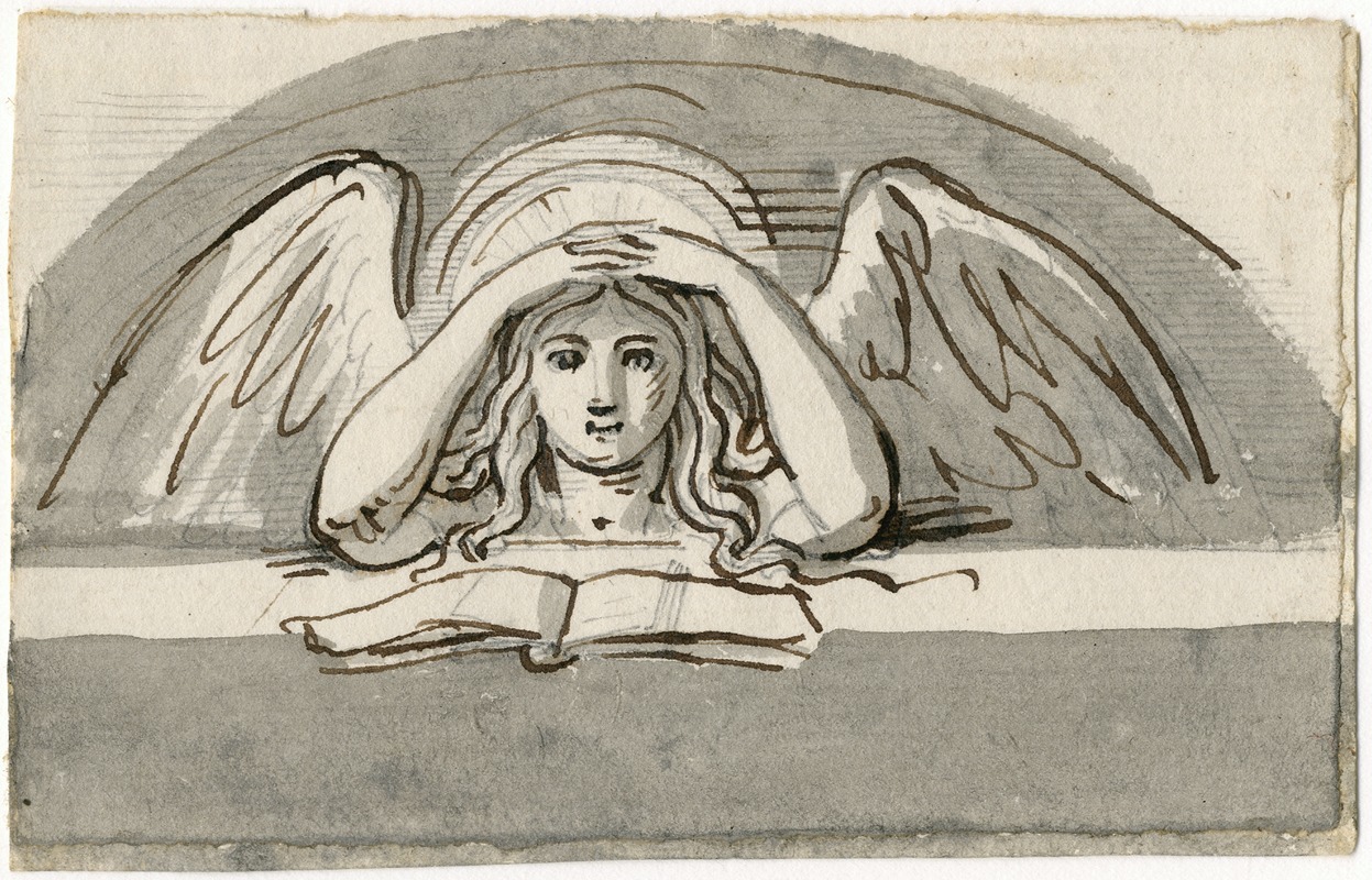 David Humbert de Superville - Buste v.e. engel met nimbus achter een lezenaar, en face