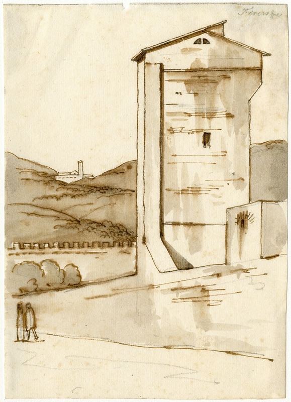 David Humbert de Superville - Florence: gebouw en muur met heuvels op de achtergrond
