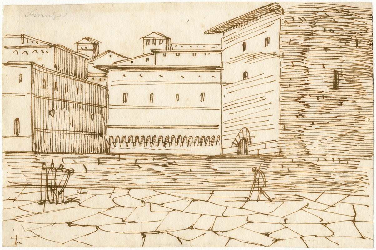 David Humbert de Superville - Florence: straatscene m. enige gebouwen aan een plein
