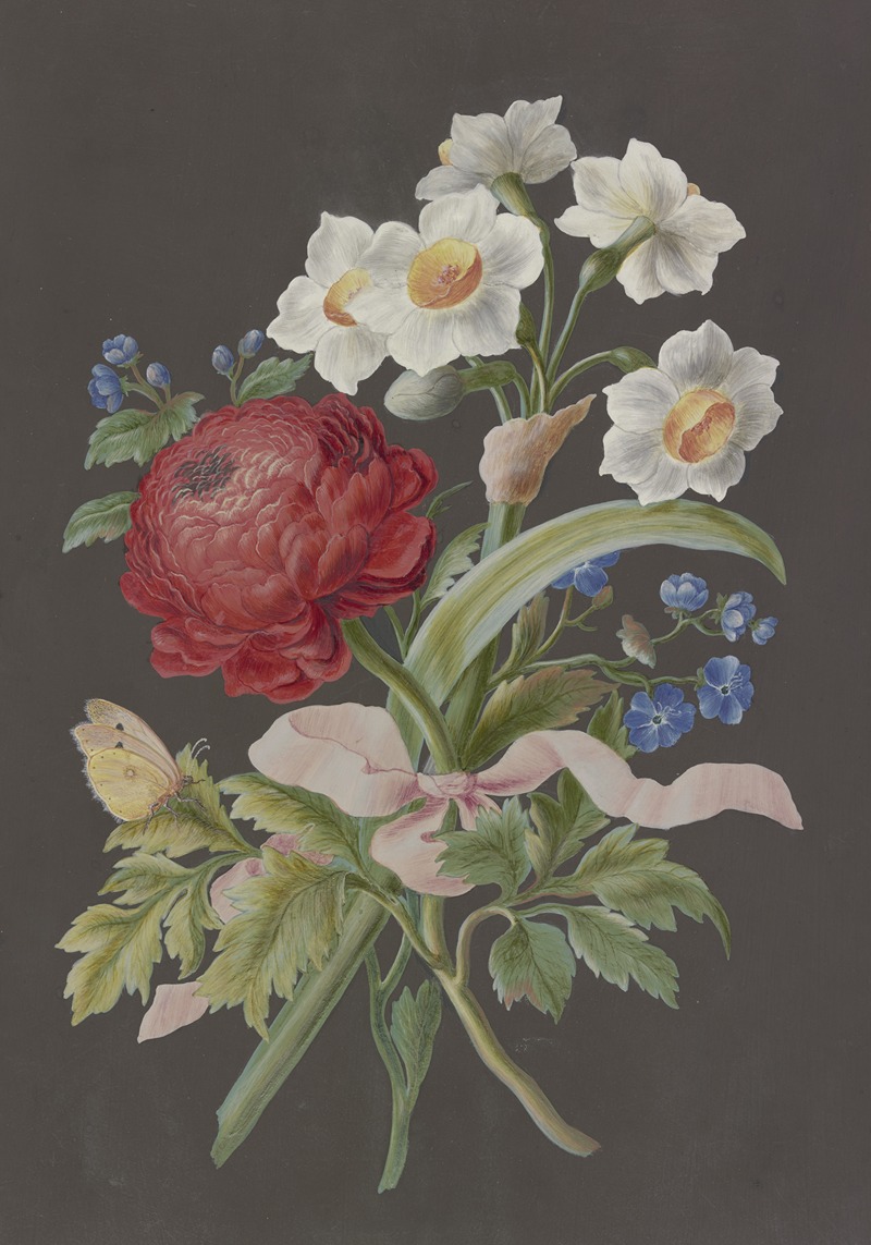 Barbara Regina Dietzsch - Blumengebinde mit roter Ranunkel (Ranunculus), weißer Tazette (Narcissus tazetta) und blauer Blume mit Postillon