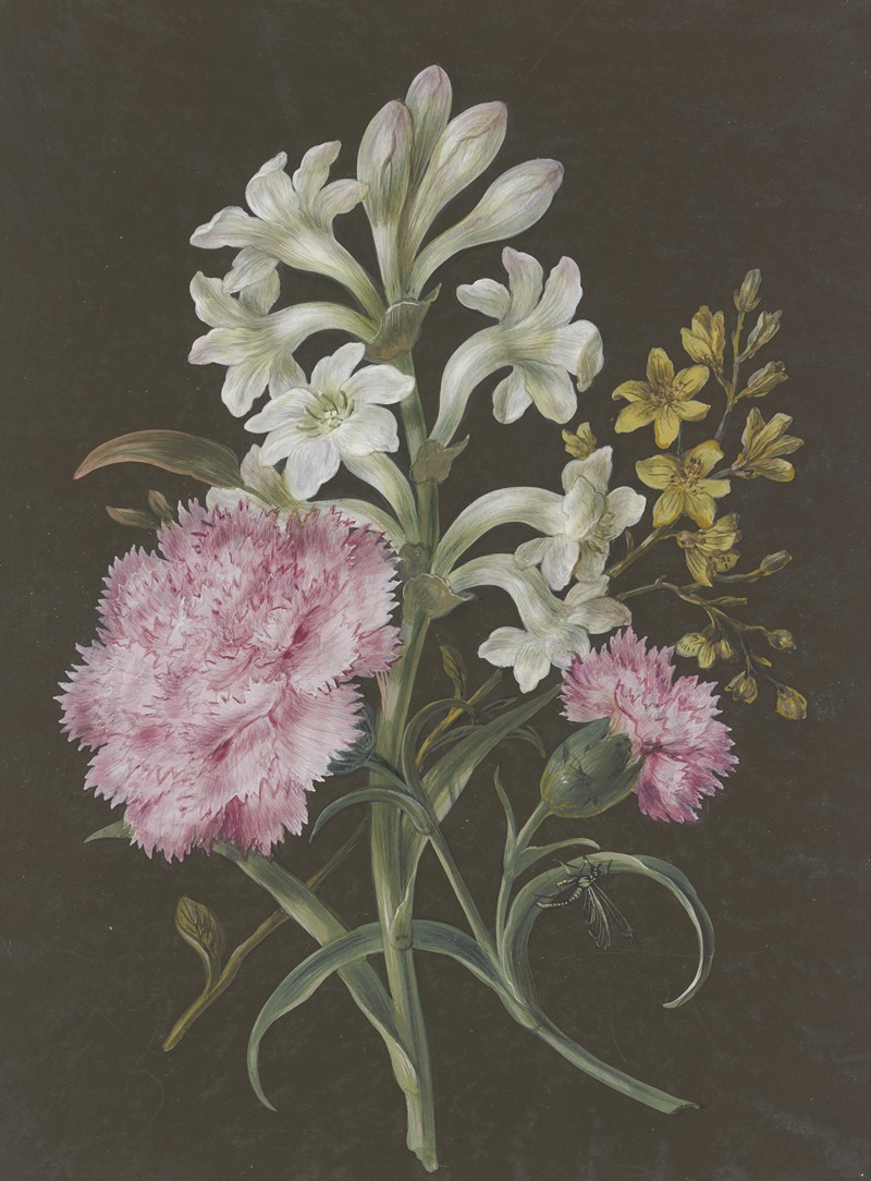 Barbara Regina Dietzsch - Gesteck aus Tuberose (Polyanthes), rosa Nelke (Dianthus) und gelber Blume mit Fliege