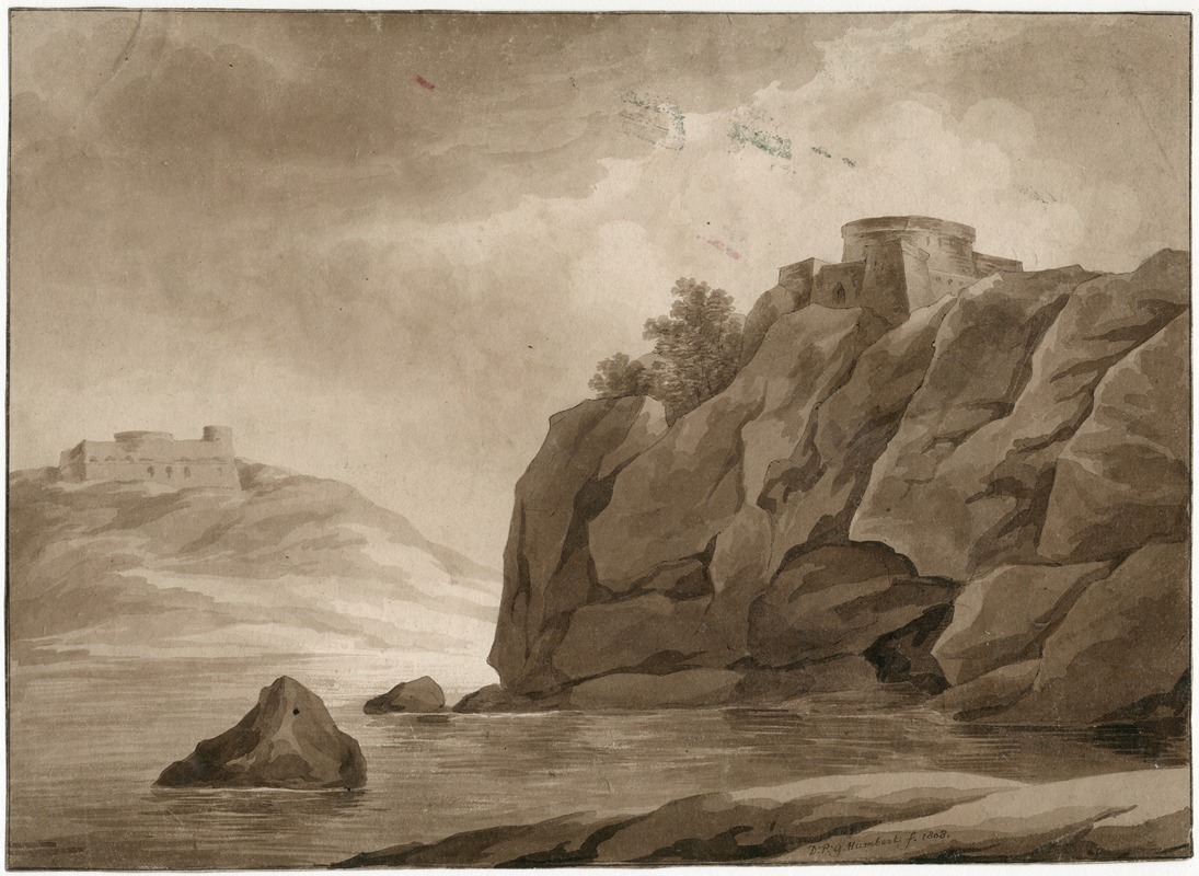 David Humbert de Superville - High rocks with fortress on both sides of a river