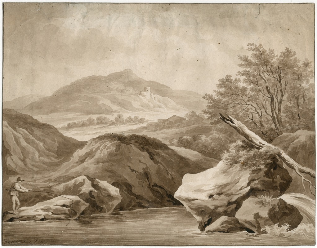 David Humbert de Superville - Mountainous landscape with a fisherman