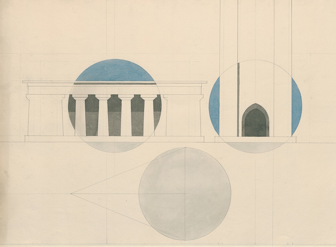 David Humbert de Superville - Study on perspective, circle projected on a peristyle and the portal of a church
