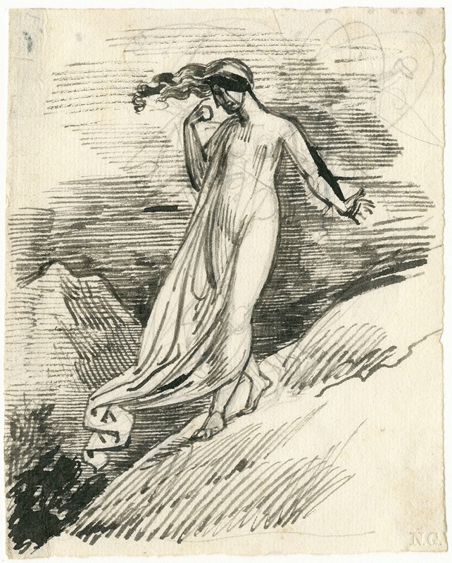 David Humbert de Superville - Vrouw m. wapperend gewaad en haar, wandelend i.d. bergen