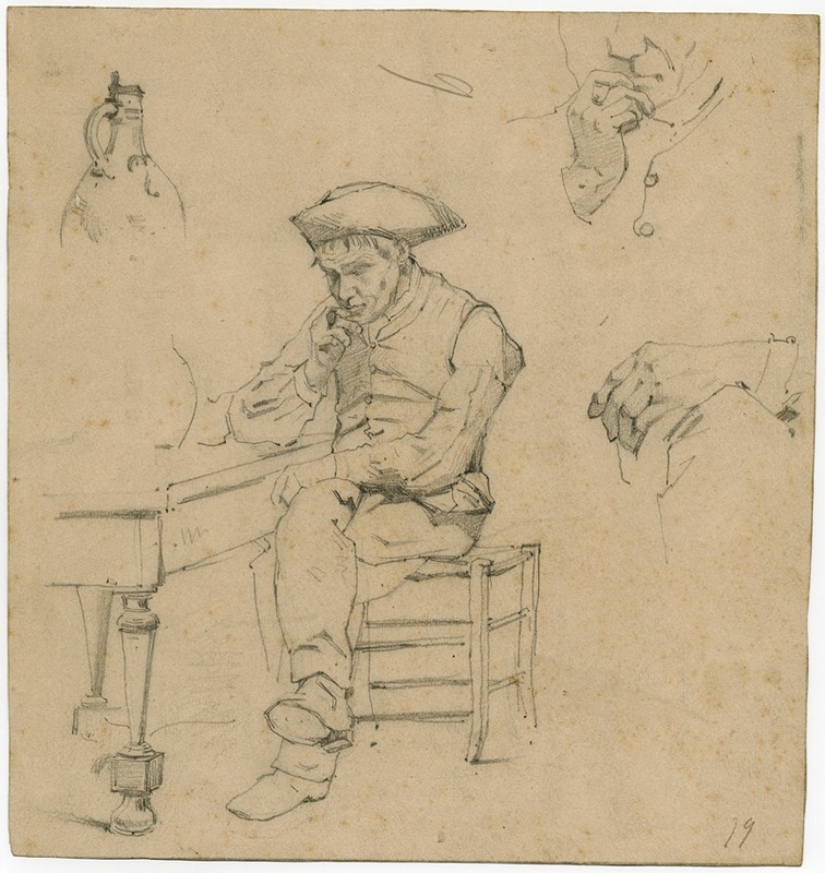Floris Verster - Man with a pipe sitting at a table, study of a hand, smoking man and a jar