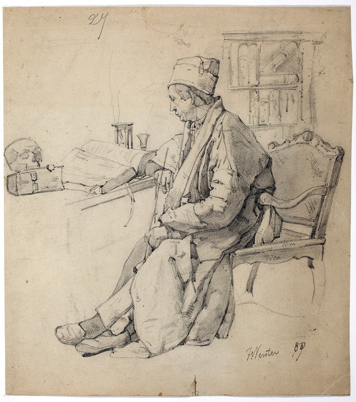 Floris Verster - Reading scholar with pipe: skull and hourglass on a table