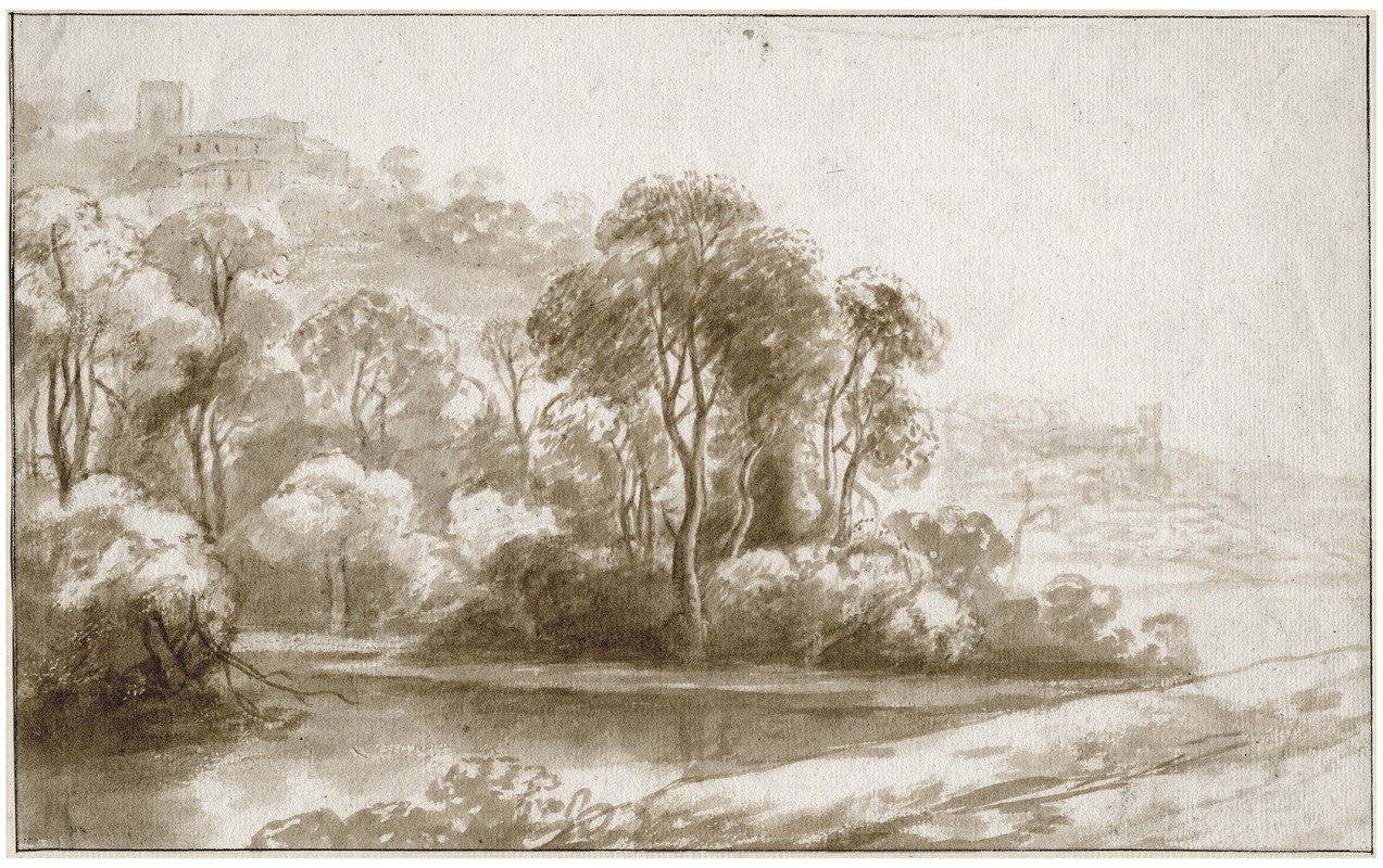 Jacob de Wit - Bomen aan het water, nabij heuvels
