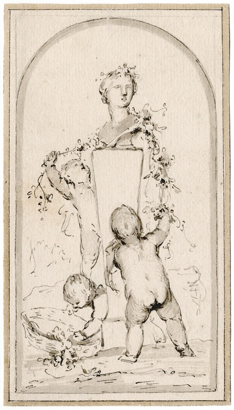 Jacob de Wit - Three putti adorning a herm of Flora