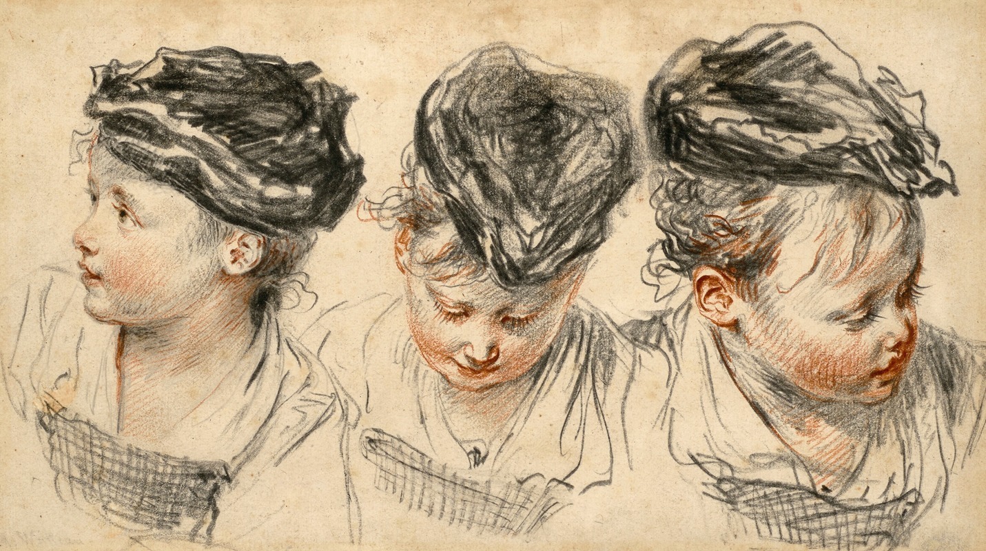 Jean-Antoine Watteau - Three head studies of a girl wearing a hat