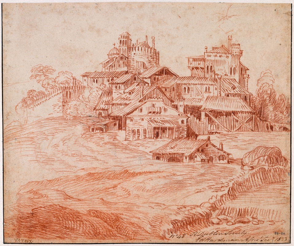 Jean-Antoine Watteau - Fortified Village with a Castle, Keep and a Church