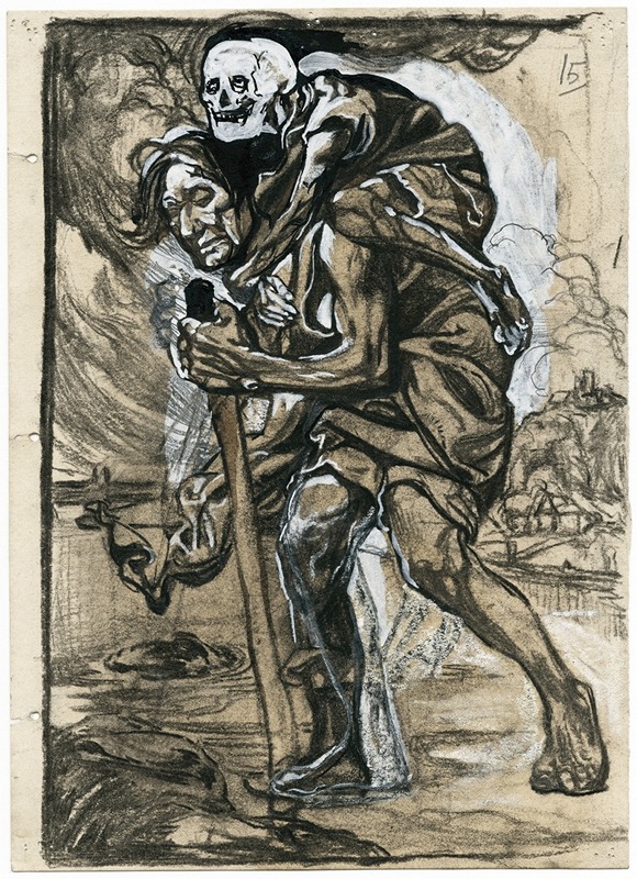 Johannes Josephus Aarts - Door het water wadende man met skelet op de rug