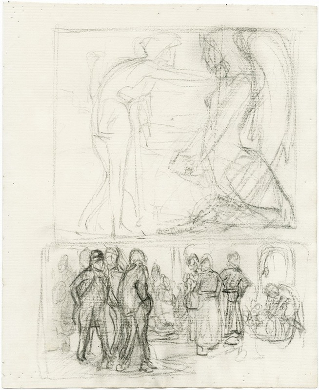 Johannes Josephus Aarts - Man spreekt groep figuren toe in interieur, man en sfinx
