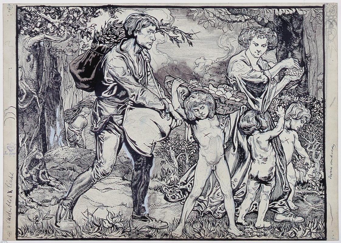 Johannes Josephus Aarts - The month of september, personified by two adults and three children, coming from the forest with provisions