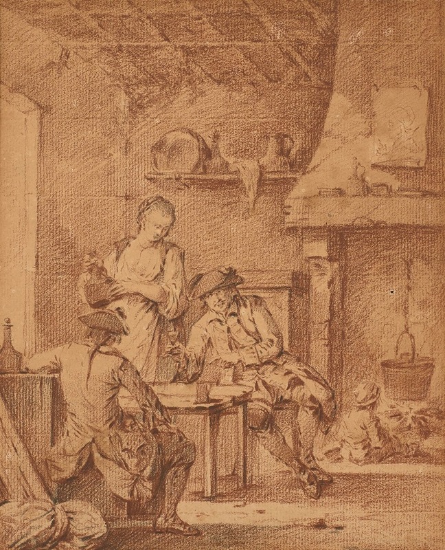 Louis Joseph Watteau - Jeune femme offrant du vin à deux soldats dans une auberge et Quatre soldats jouant aux cartes sur un tambour