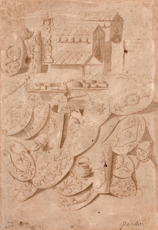 Nicolas Poussin - Etude de tentes, casques, boucliers, chaudron et autres objets d’après la colonne Trajane