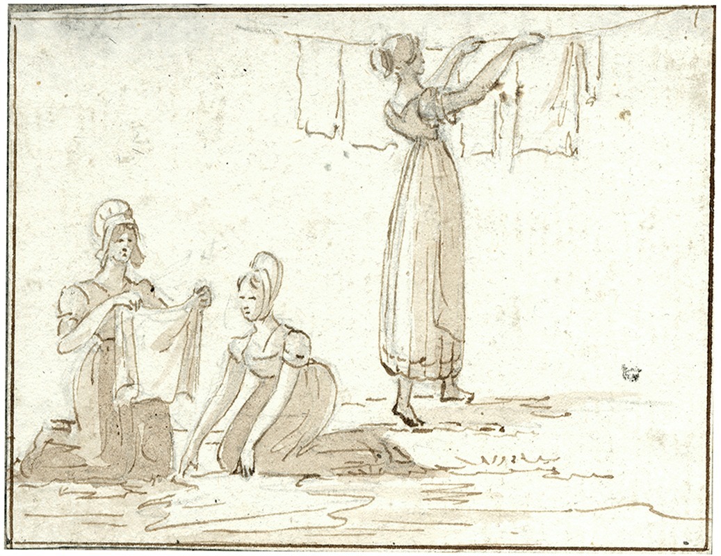 Otto Howen - Vrouwen bezig met wassen en drogen van wasgoed