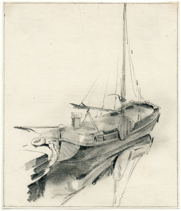 Pieter van Loon - Binnenvaartschip aan oever